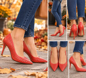 Halogen Womens 7.5 M Coral Red Leather Perforated Pointed Toe Stiletto Pumps
